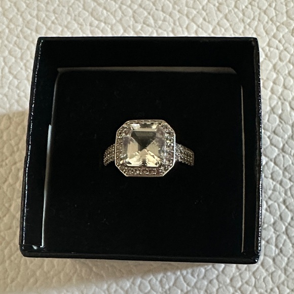 Asscher cut Danburite with white zircon 10k white gold ring